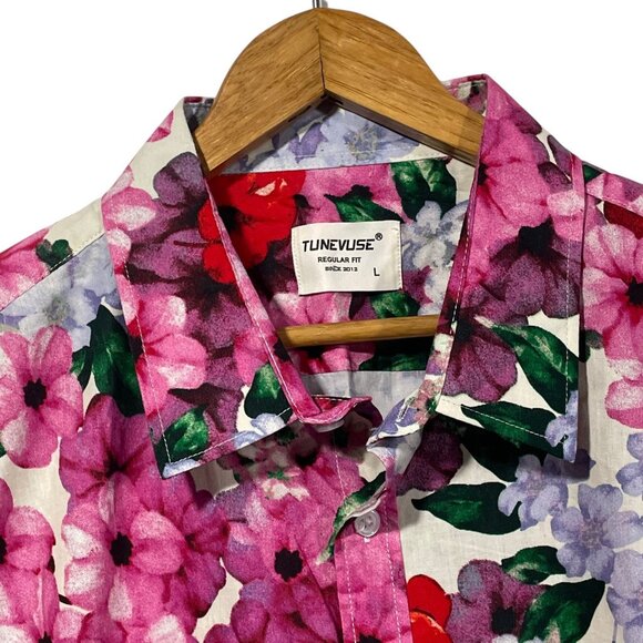 TUNEVUSE Mens Floral Long Sleeve Button Up Shirt Pink Purple Hawaiian Sz L - Picture 2 of 8